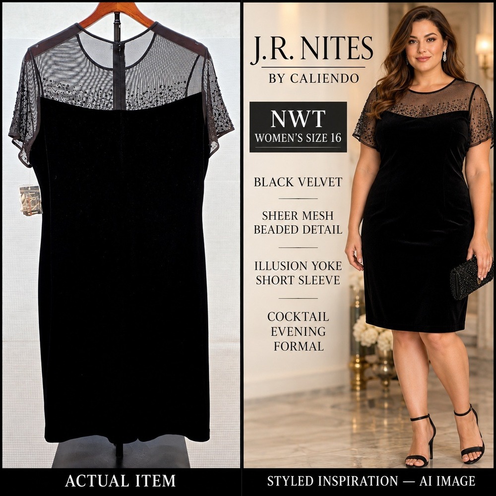 J.R.‎ Nites By Caliendo Black Velvet Beaded Mesh Cocktail Dress Plus Size 16